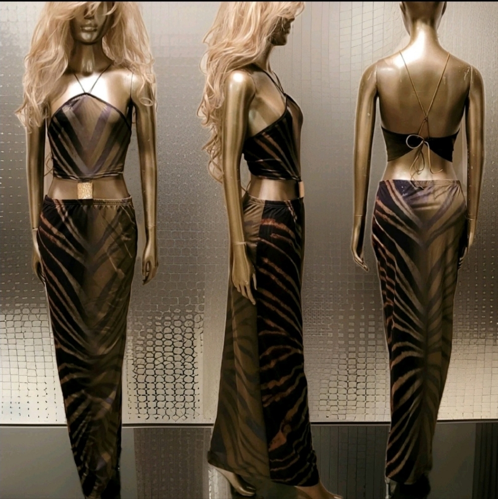 NWT Exotic Print Gold Embellishment Backless  Halter Festival Ibiza Maxi Dress - Picture 15 of 16